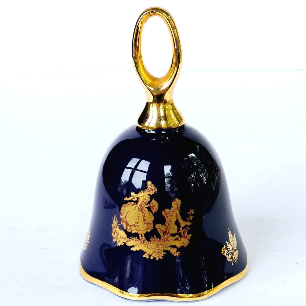 Vintage Limoges France Cobalt Blue Gold Gilt Courting Couple Porcelain Bell